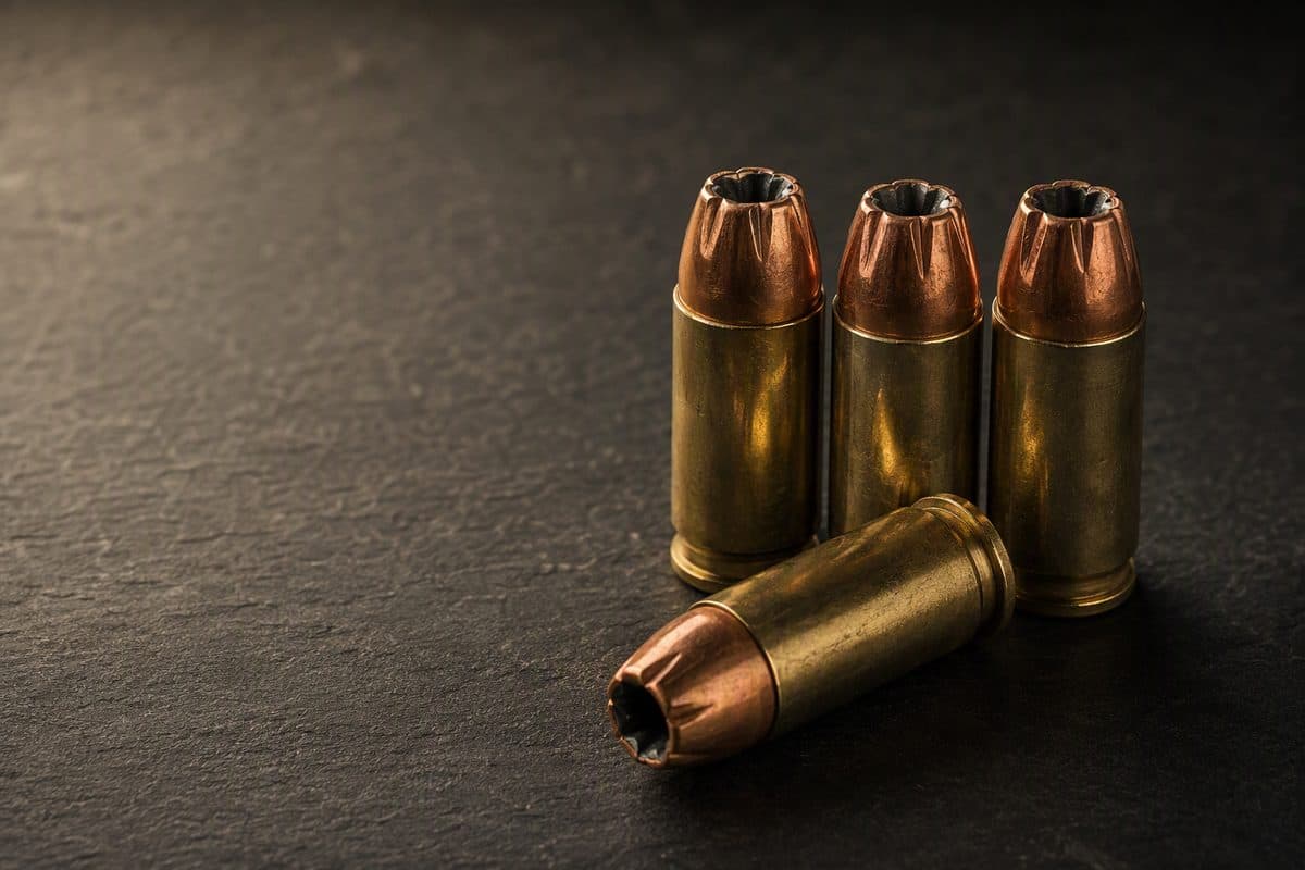 Hollow point cartridges standing on a dark surface