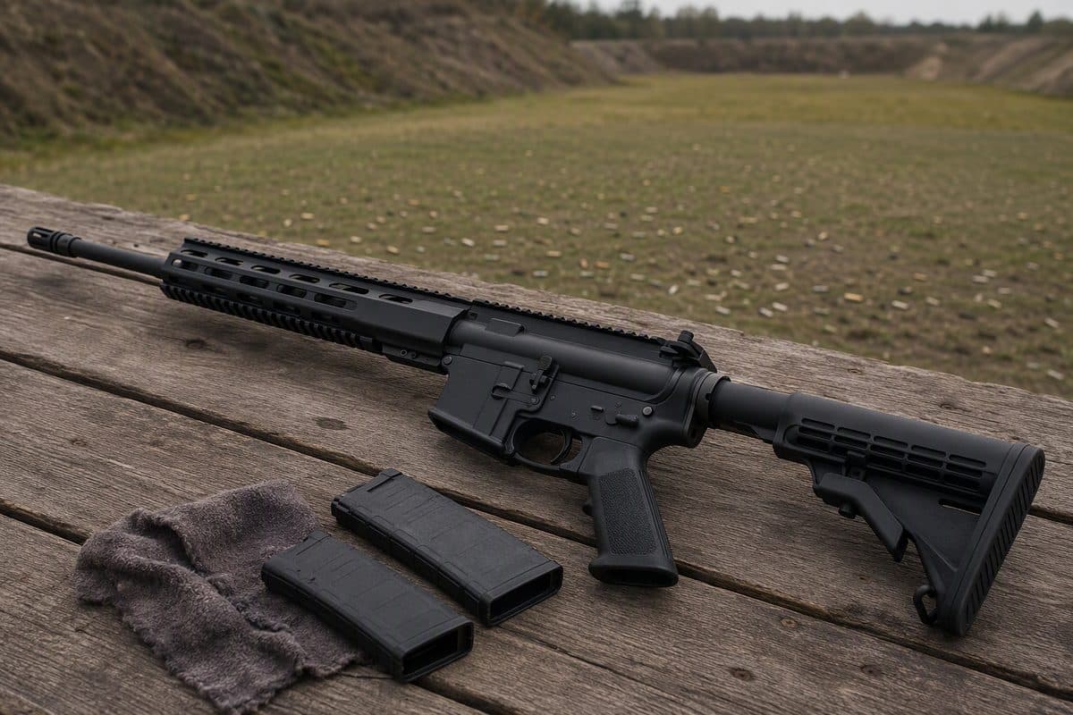 Sporting rifle on a weathered range bench
